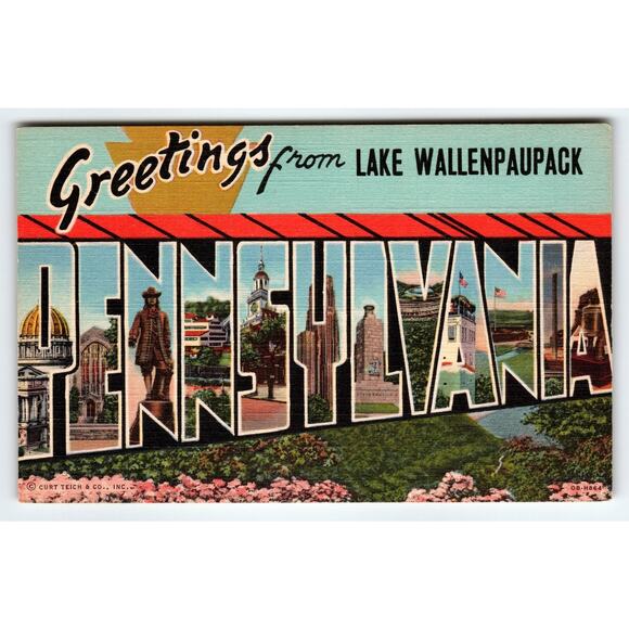 Greetings from Pennsylvania Lake Wallenpaupack Linen Large Letter Postcard - Picture 1 of 2